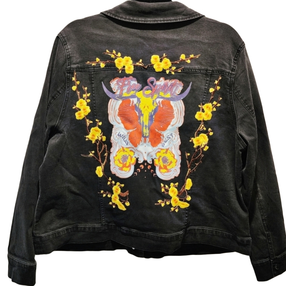 Max Jeans Upcycled Black and Yellow Jean Jacket with Artistic Free Spirit Back